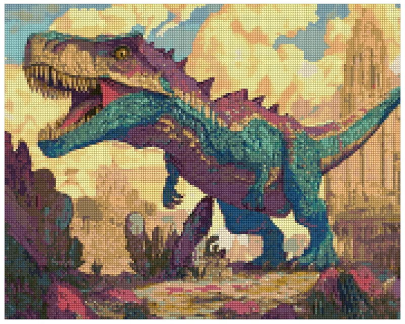 Diamond painting template - a turquoise and violet-toned dinosaur, pastel yellow sky, and a lively prehistoric landscape.