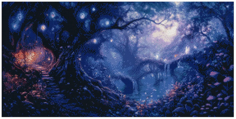 Diamond painting model image – a fairy-tale night forest, glowing blue light orbs and deep violet shadows around a mysterious stream.