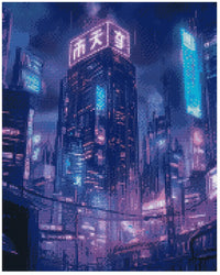 Thumbnail for Diamond painting template - neon purple and turquoise future city, tall illuminated billboards, and a dark rainy city skyline.