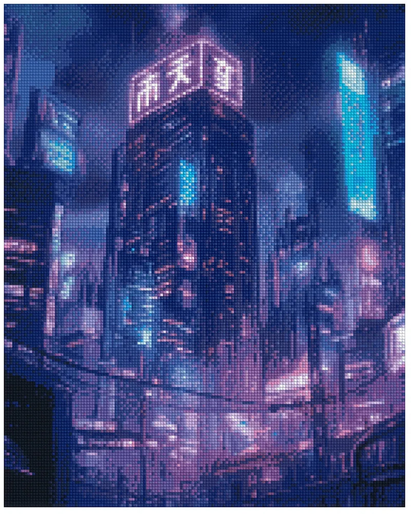 Diamond painting template - neon purple and turquoise future city, tall illuminated billboards, and a dark rainy city skyline.