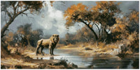 Thumbnail for Diamond painting model image – a nature-inspired savannah landscape, shades of brown and gold, and a sturdy lion by the water under a gray sky.