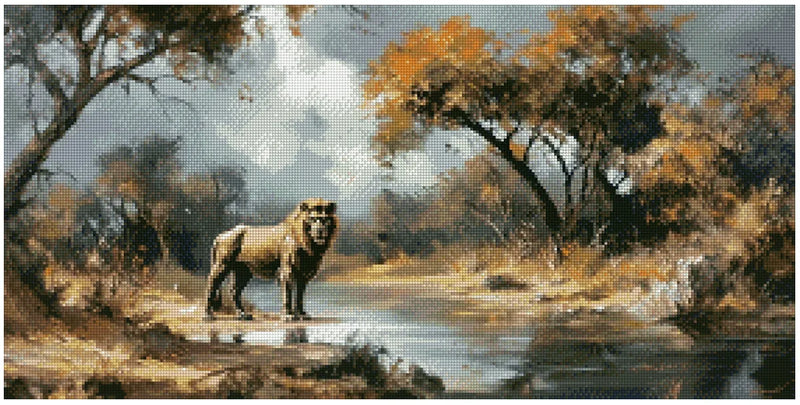 Diamond painting model image – a nature-inspired savannah landscape, shades of brown and gold, and a sturdy lion by the water under a gray sky.