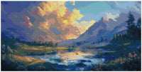 Thumbnail for Diamond painting model image – soft evening lighting, bright mountains, and a lake landscape glowing in shades of blue and gold.