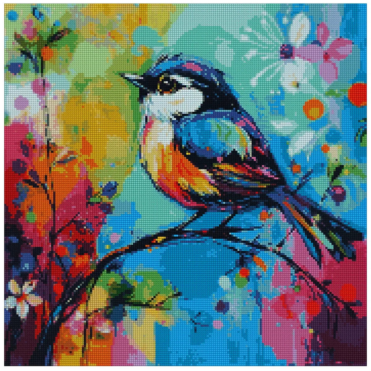 Timanttimaalaus mallikuva – räiskyvän värinen lintukohtaus, turkoosin, pinkin, keltaisen ja oranssin sävyt abstraktissa taustassa.