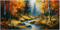 Thumbnail for Diamond painting template - a warm autumn-colored river landscape, orange and yellow trees, and a bluish mist in the background.