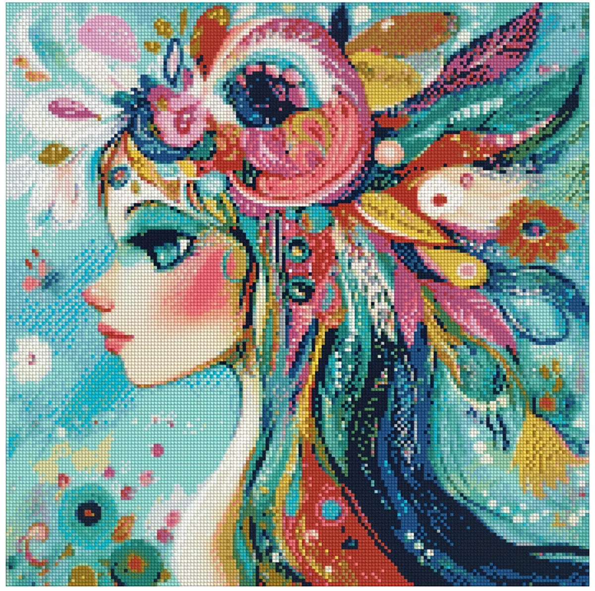 Timanttimaalaus mallikuva – satumainen naisprofiili, kirkkaat pinkit, turkoosit ja keltaiset värit sekä koristeellinen höyhenkoristus.