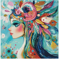 Thumbnail for Timanttimaalaus mallikuva – satumainen naisprofiili, kirkkaat pinkit, turkoosit ja keltaiset värit sekä koristeellinen höyhenkoristus.