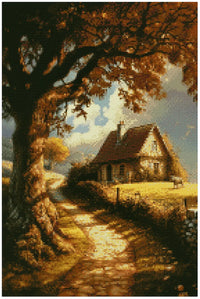 Thumbnail for Diamond painting reference image – a warm-toned rural landscape, a large brown tree, golden light, and an idyllic cottage at the end of the path.