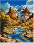 Thumbnail for Diamond painting template - bright blue river landscape, reddish-brown mountains, and golden autumn trees under a bright blue sky.