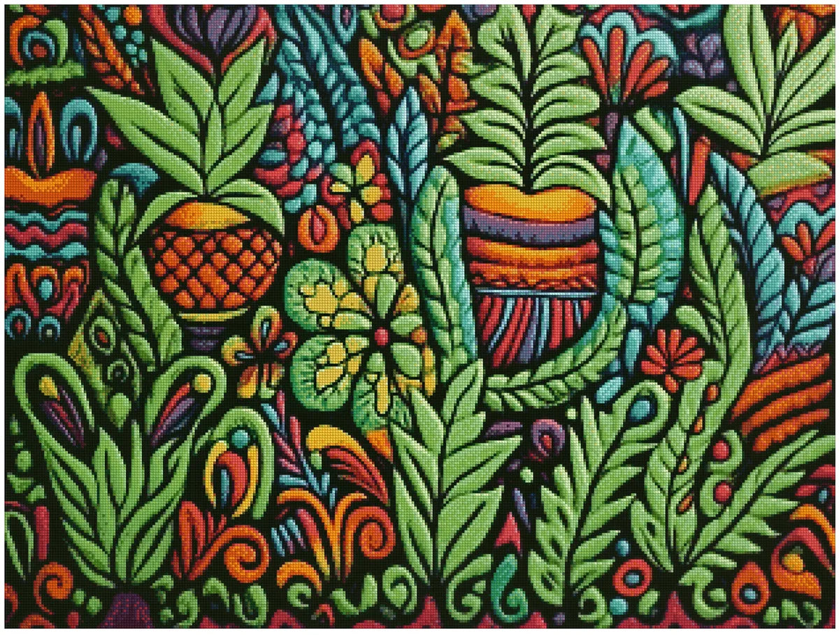 Timanttimaalaus mallikuva – neonvärinen boho-henkinen kasviaihe, kirkkaat vihreät lehdet, oranssit ja pinkit sävyt sekä musta taustakontrasti.