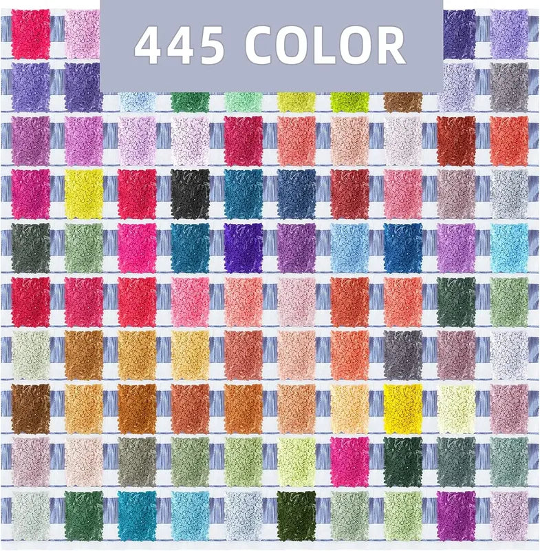 445 different color pack of square diamonds for diamond painting. The image shows diamond bags of various colors.