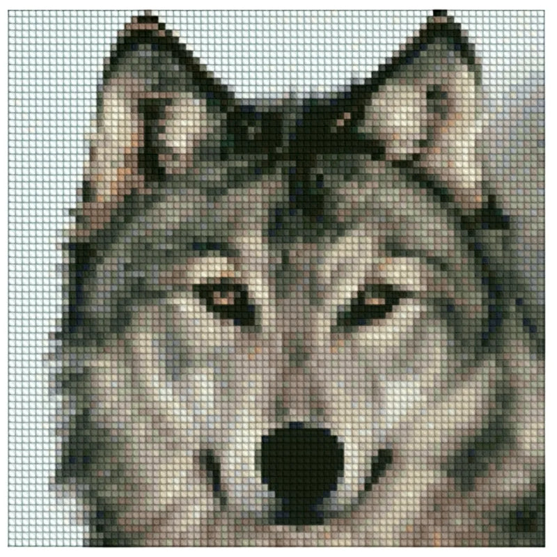 Diamond painting model image – realistic grey wolf, soft nature-inspired tones, and a calm light background.