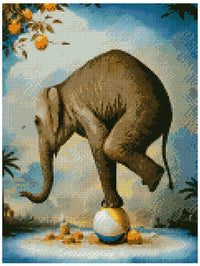 Thumbnail for Diamond painting template image – a humorous elephant balancing on a ball, shades of blue and gold, and a soft painterly background.