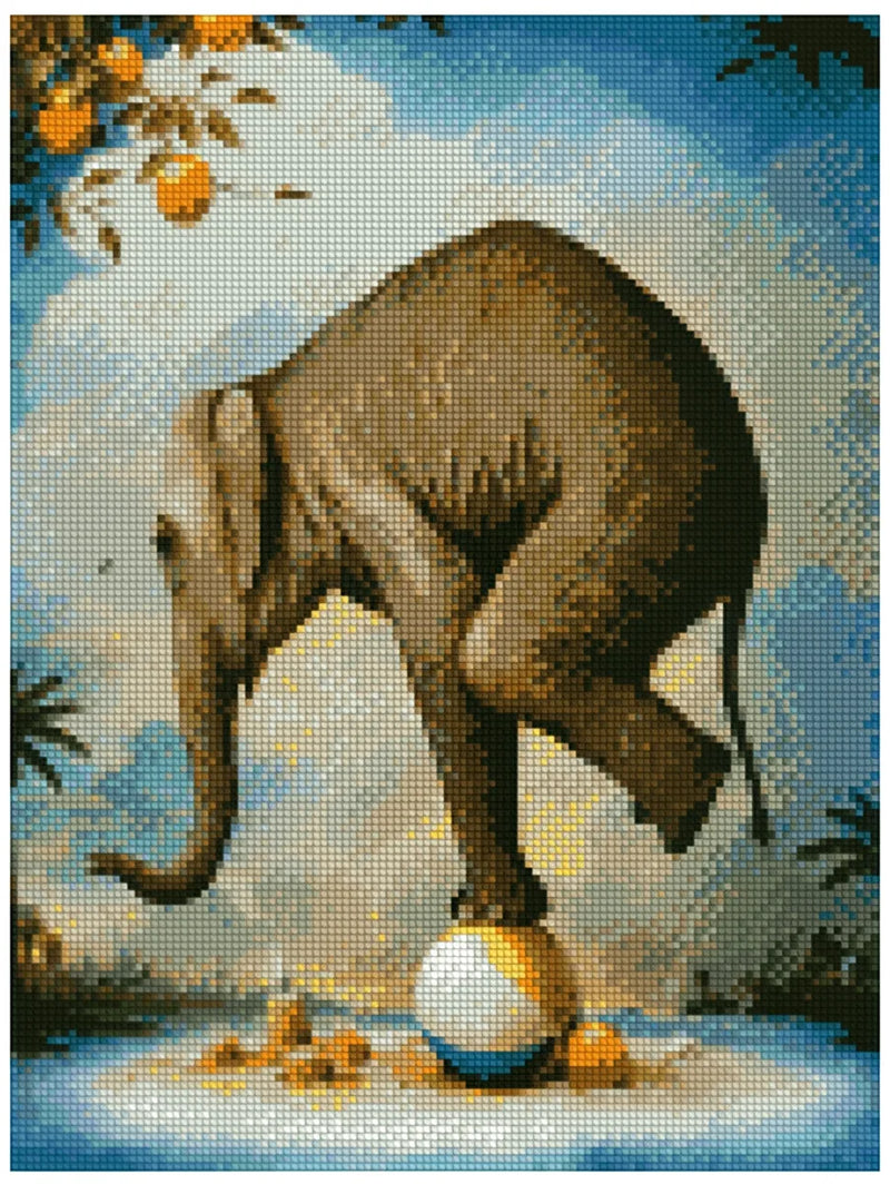 Diamond painting template image – a humorous elephant balancing on a ball, shades of blue and gold, and a soft painterly background.
