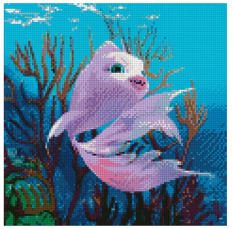 Diamond painting pattern image - cute light purple fish, bright turquoise seawater, and dark blue corals in the background.