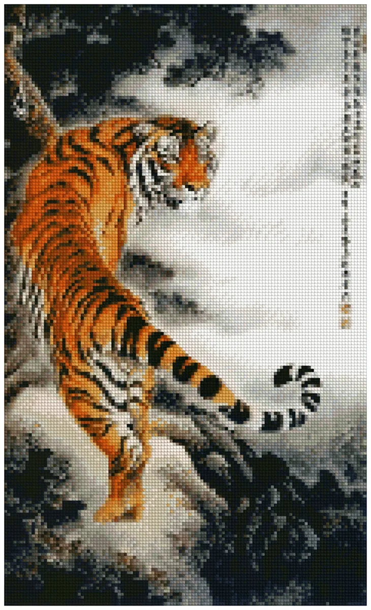 Diamond painting reference image – orange tiger on a misty mountain cliff, shades of gray and black in a soft, painting-like background.