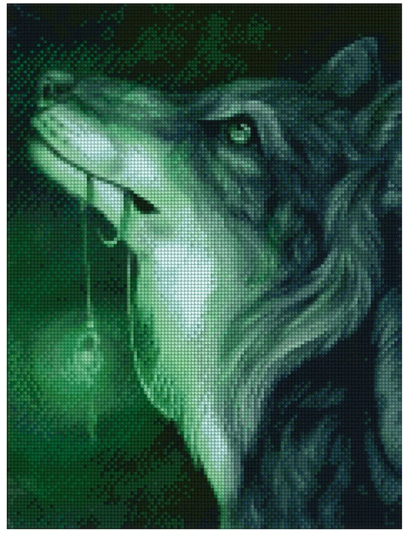 Diamond painting model image – a green-glowing wolf in mystical light, dark forest tones, and a glowing gaze upwards.