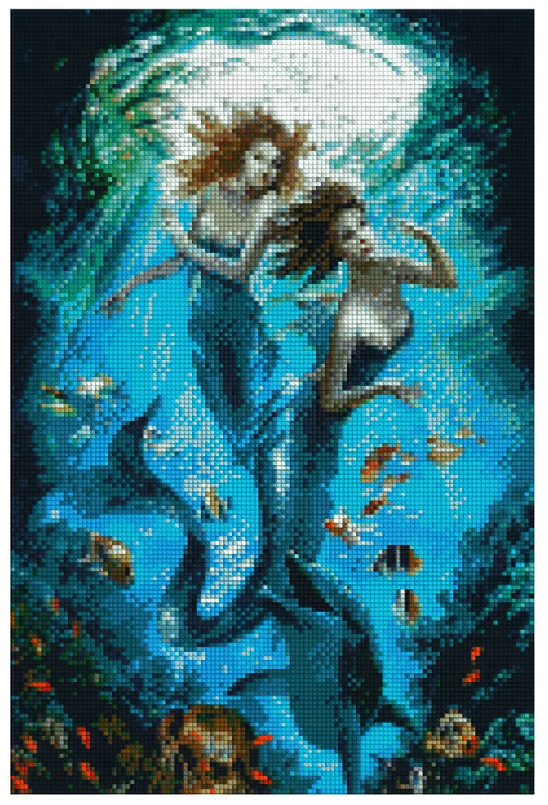 Diamond painting model image – two mermaids in a deep turquoise underwater world, glowing tails and colorful fish around.