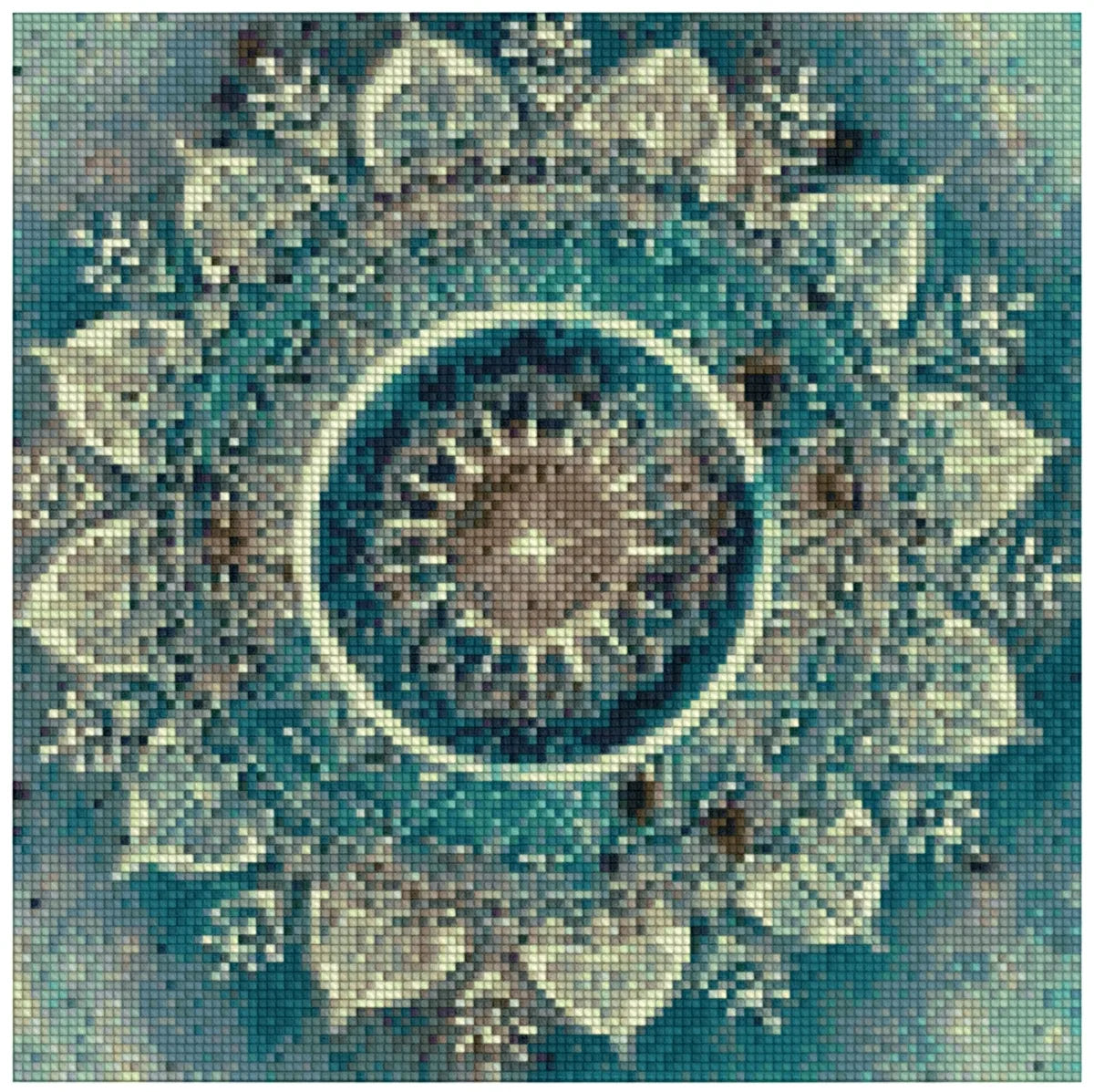 Diamond painting pattern image – symmetrical mandala design, turquoise and beige shades, and decorative floral elements in soft light.