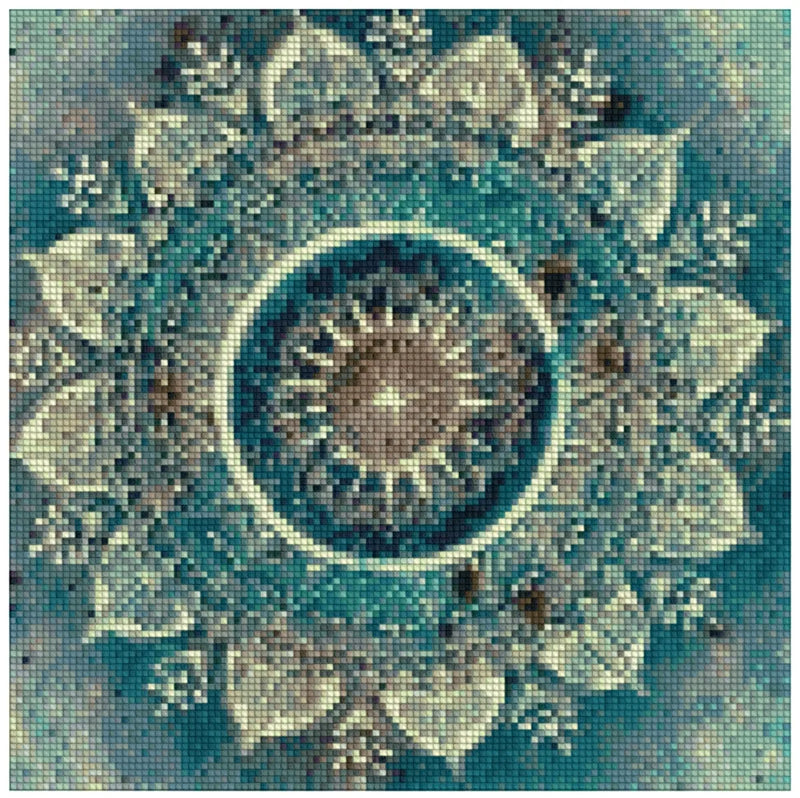 Diamond painting pattern image – symmetrical mandala design, turquoise and beige shades, and decorative floral elements in soft light.