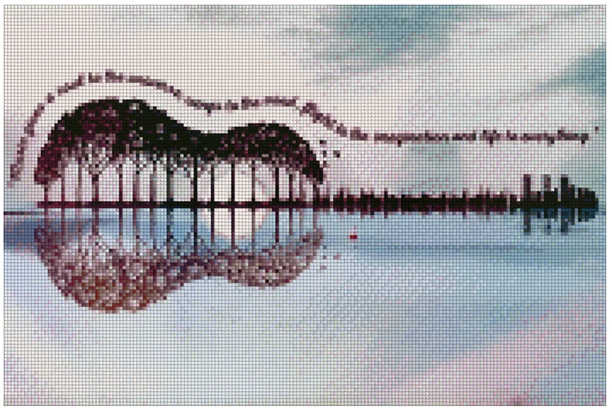 Diamond painting pattern image – a surreal lake landscape where trees form the silhouette of a guitar, with calm shades of gray and blue and a mirror-like reflection.