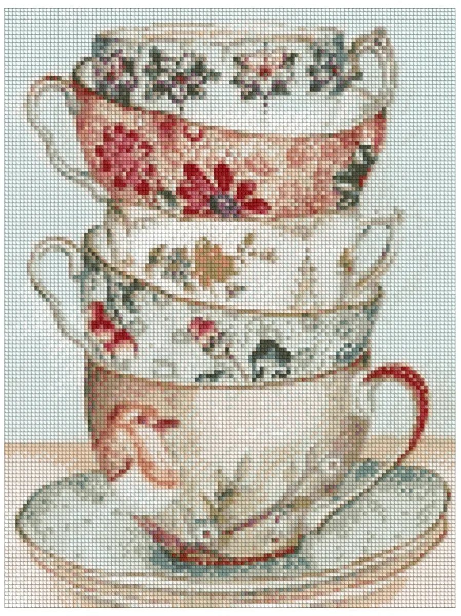 Diamond painting model image – pastel-colored vintage teacups, floral patterns in shades of red, beige, and green on a soft background.