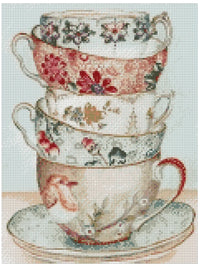 Thumbnail for Diamond painting model image – pastel-colored vintage teacups, floral patterns in shades of red, beige, and green on a soft background.