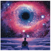 Thumbnail for Diamond painting model image – a vast galactic eye in shades of pink and violet, with a silhouette figure in a peaceful meditation pose in front.