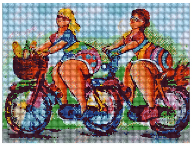 Diamond painting template image – humorous cycling scene, bright shades of blue, red, and green, and a playful caricature-like atmosphere.