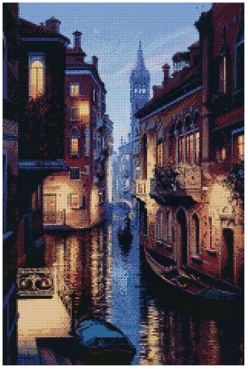 Timanttimaalaus mallikuva – tunnelmallinen kanavakohtaus, lämpimät kultaiset valot, sinertävä iltataivas ja heijastukset vanhoista rakennuksista.