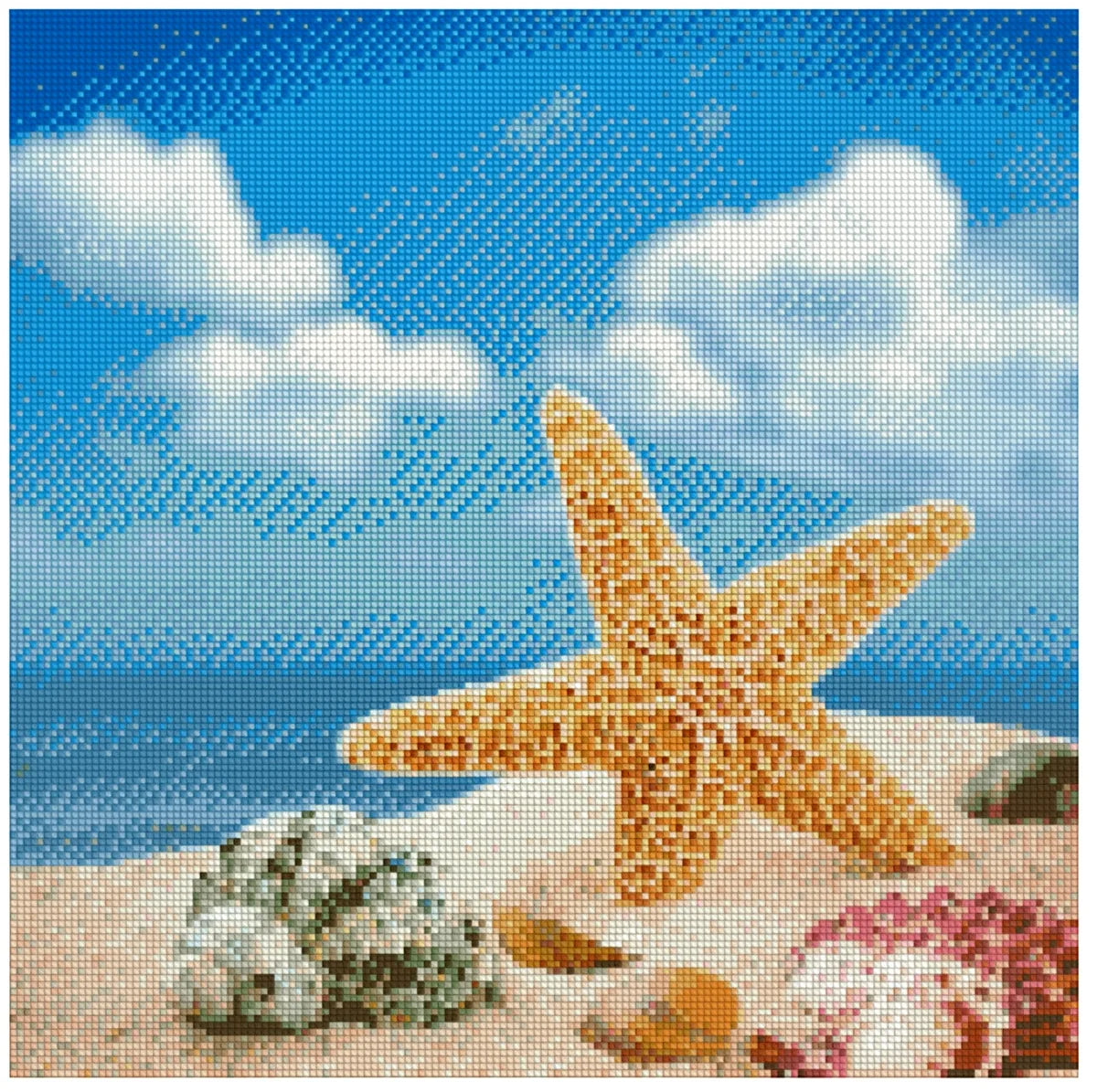 Diamond painting pattern image – bright blue sky, white clouds, golden starfish surface, and pastel shells on the beach sand.