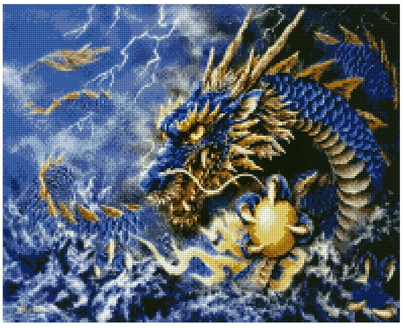 Diamond painting model image – majestic dragon in dark blue and golden hues, lightning sky and stormy energy.