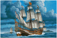 Thumbnail for Diamond painting pattern image – a historical sailing ship in a bluish stormy landscape, white sails and dramatic clouds.