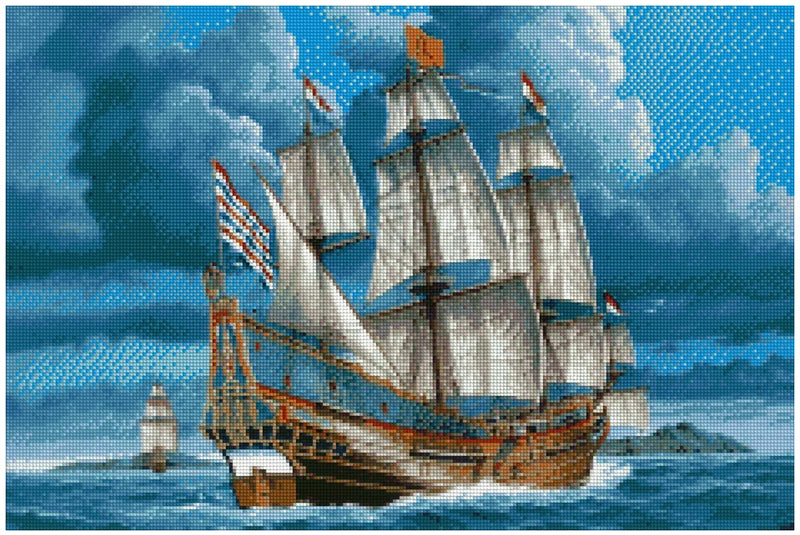 Diamond painting pattern image – a historical sailing ship in a bluish stormy landscape, white sails and dramatic clouds.