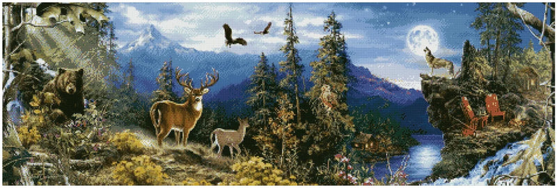 Diamond painting pattern - expansive mountain landscape, deer, bear, and a howling wolf in the moonlight, blue and forest green night colors, and golden rays of light.