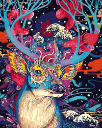 Thumbnail for Värikäs taulu, jossa on koristeellinen peura sinisen ja vaaleanpunaisen sävyisillä sarvilla ja taustalla abstrakteja yksityiskohtia.