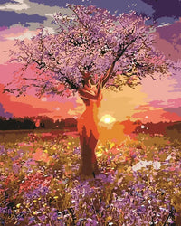 Thumbnail for Maalauskuva naisesta, joka sulautuu puuhun auringonlaskun aikaan kukkivalla niityllä