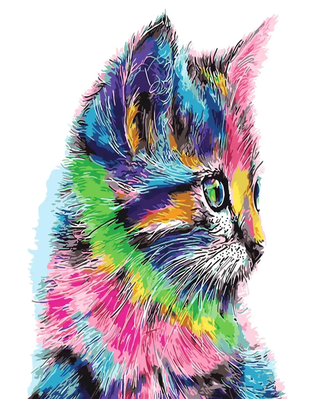 Värikäs, sateenkaaren sävyissä loistava kissanpentu valkoista taustaa vasten – moderni paint by numbers -maalaus.