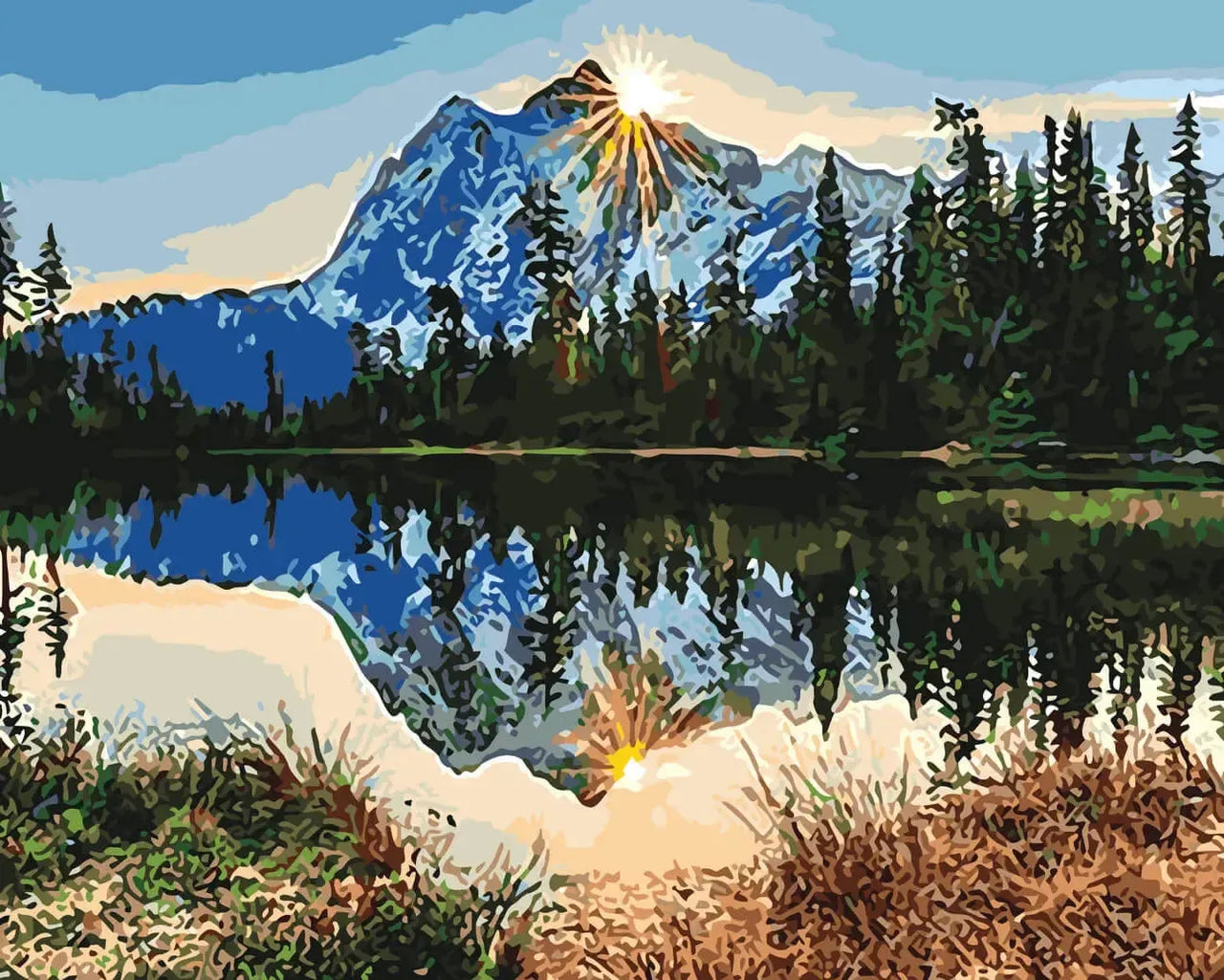 Aurinko nousemassa lumihuippuisen vuoren takaa, maisema heijastuu tyynestä järvestä metsäisen rannan ympäröimänä – paint by numbers -maalaus.