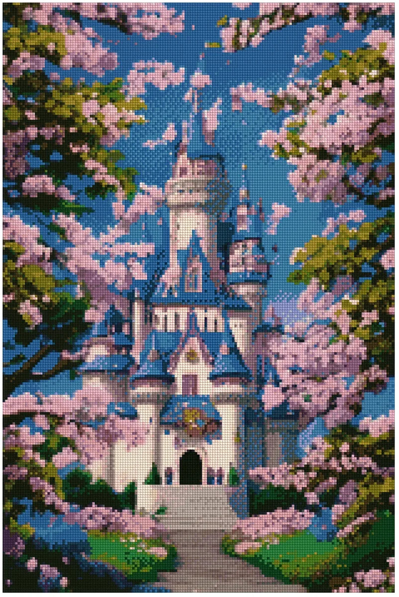 Diamond painting template - a light blue castle amidst blooming pink sakura trees, a fresh blue sky, and a fairy-tale atmosphere.