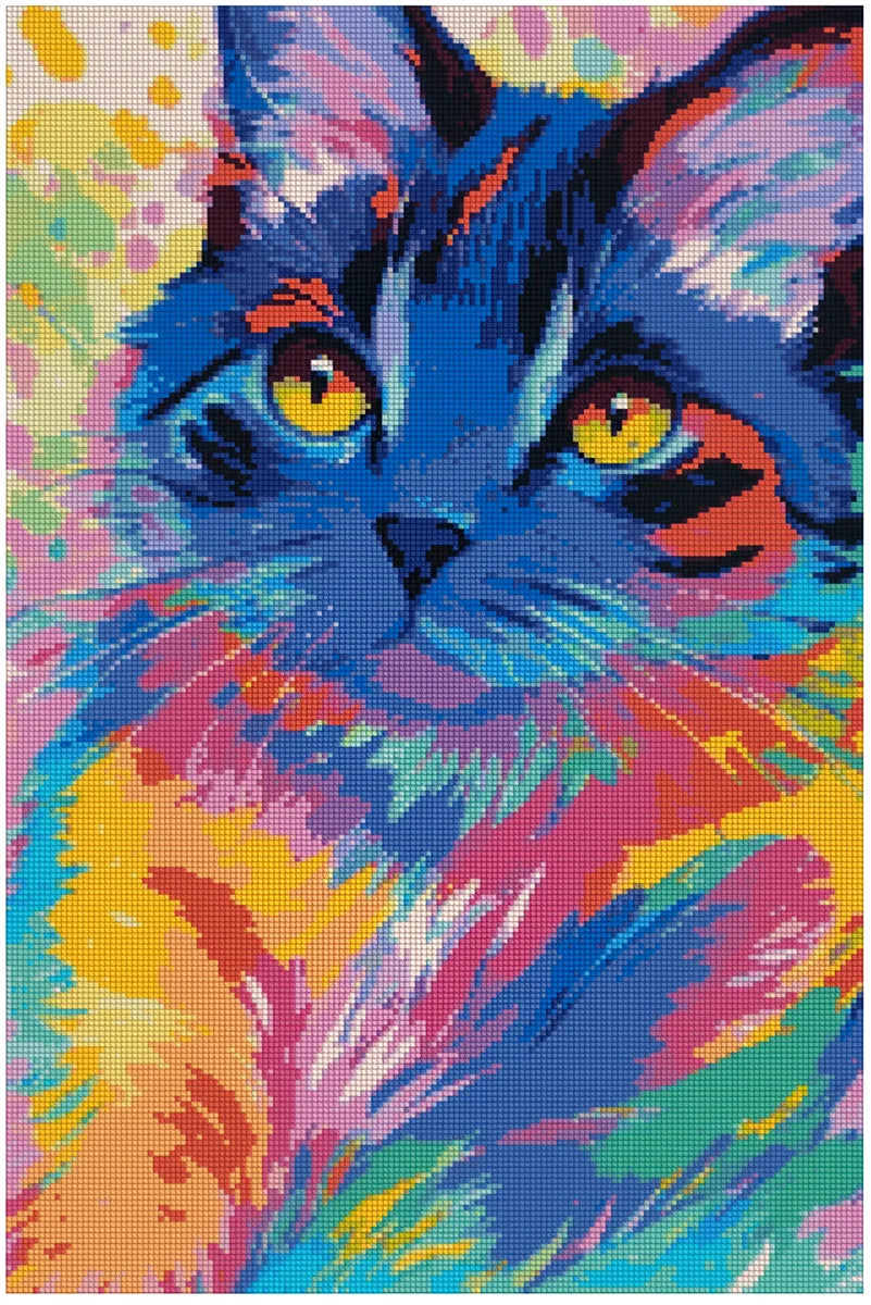 Timanttimaalaus mallikuva – neonvärinen kissamuotokuva, sinisen, pinkin, keltaisen ja turkoosin rohkeat sävyt energisessä pop-art-tyylissä.