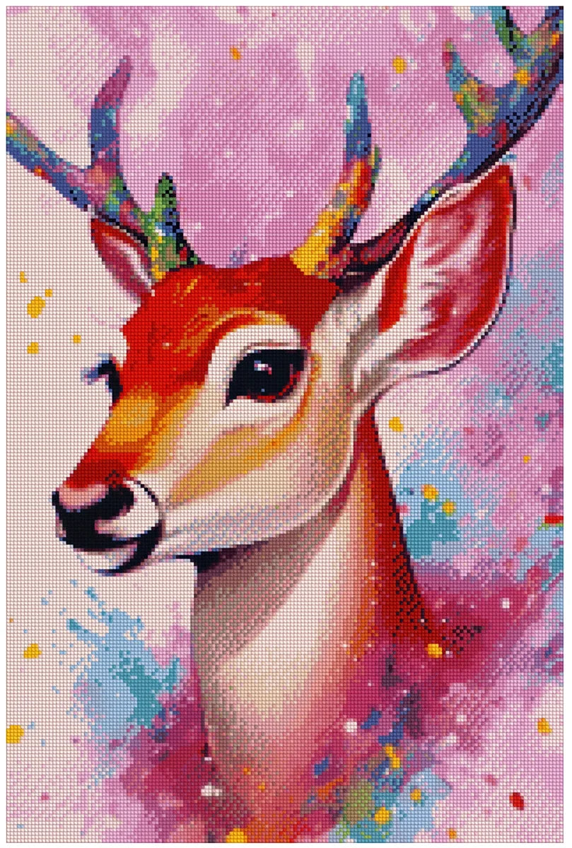 Diamond painting template - a colorful deer portrait, antlers in rainbow hues and a soft pink splash background.