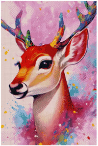 Thumbnail for Diamond painting template - a colorful deer portrait, antlers in rainbow hues and a soft pink splash background.
