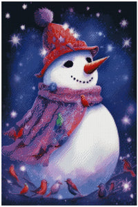 Thumbnail for Diamond painting pattern – smiling snowman in purple night lights, red hat, pink scarf, and glowing star-like snowflakes.