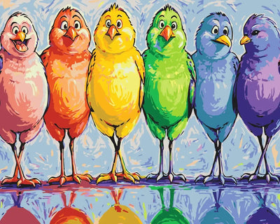 Seven cartoon-like birds stand in a row in rainbow colors, against a bright blue sky and a reflection on the surface – paint by numbers painting.