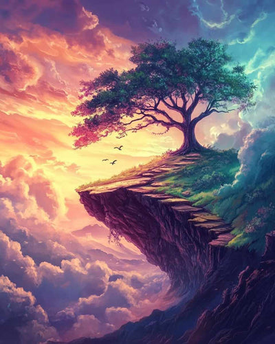 The tree top rises above the clouds, surrounded by a colorful horizon.