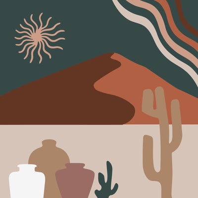 The picture shows a modern desert landscape featuring a cactus, sand dune, and clay pots in a minimalist style.