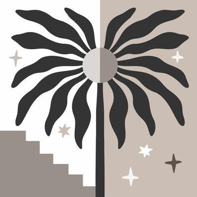 The image features a palm leaf in a minimalist style, where geometric shapes and soft tones create a harmonious whole.