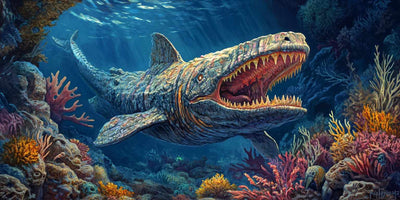 Giant sea monster amidst coral reefs in a deep-sea landscape.