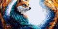 Thumbnail for In the picture is an arctic fox, whose fur reflects icy blue and orange hues. The background consists of ice and snow, creating a peaceful and mystical atmosphere.